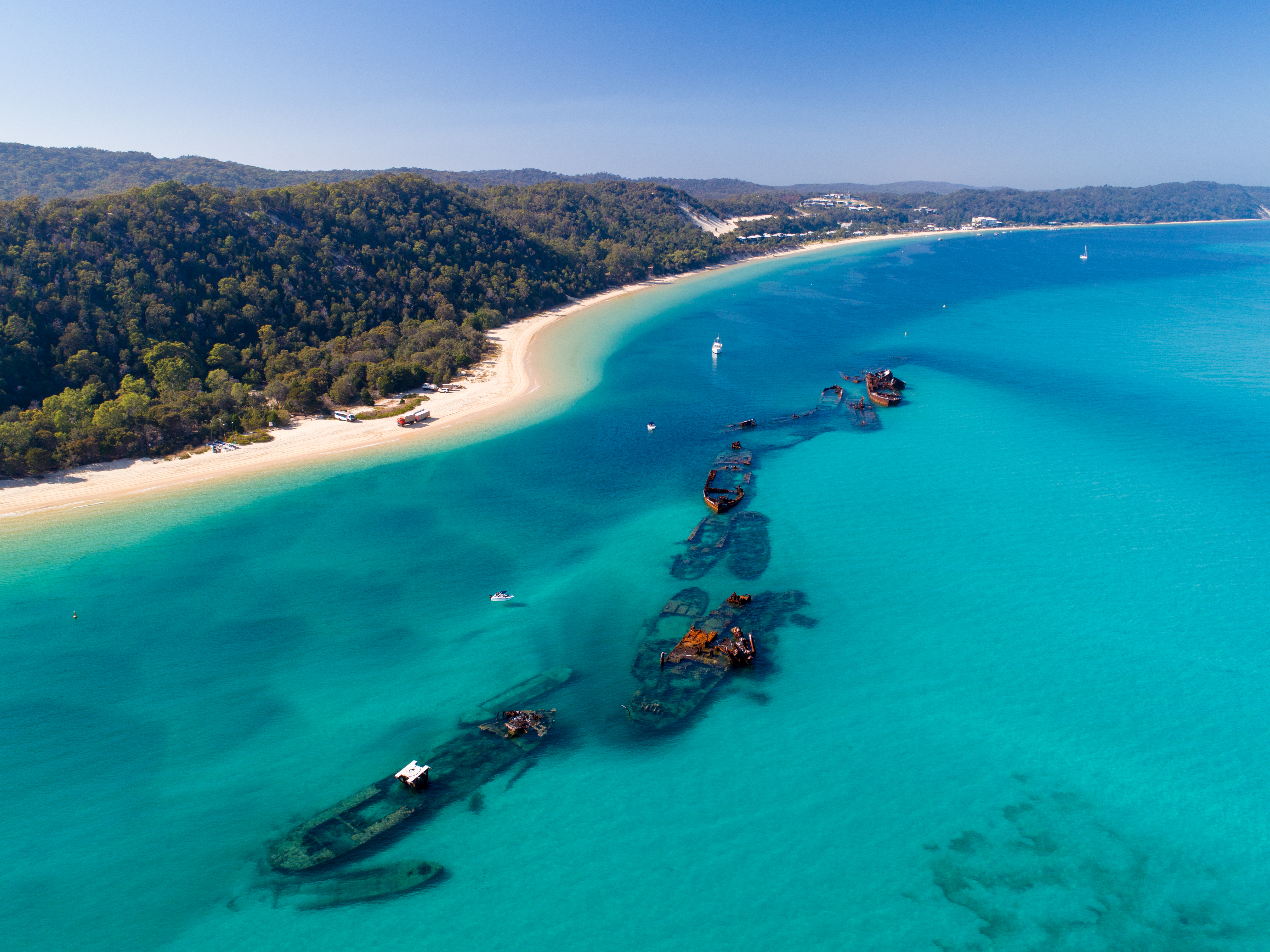 An aerial view of Tangalooma shipwrecks located not far from the shores of Moreton Island. An aerial view of Tangalooma shipwrecks located not far from the shores of Moreton Island.